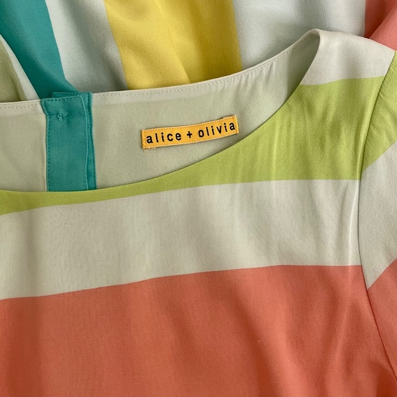 ALICE + OLIVIA Anita Silk Pastel Stripe Dress Retro Blouson Button Back Medium - Picture 12 of 16